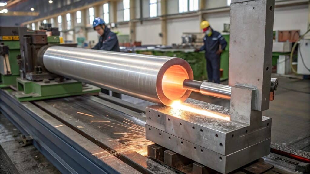 alt text: Animation or diagram showing the general aluminum extrusion process: billet, ram, die, extruded profile